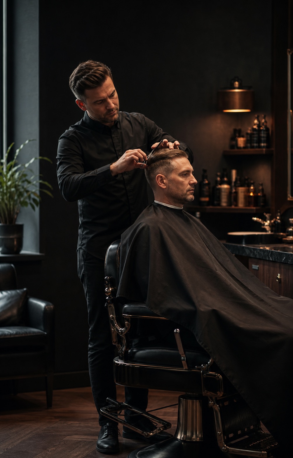 Barber som utfører en presis herreklipp i et mørkt barbershop-interiør