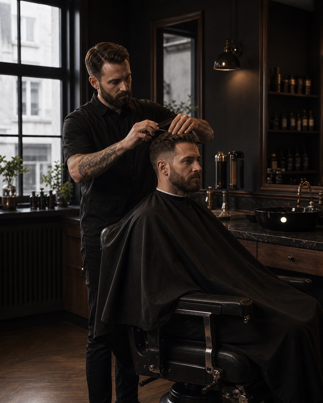 Barber som arbeider presist med herreklipp i mørkt barbershop-interiør